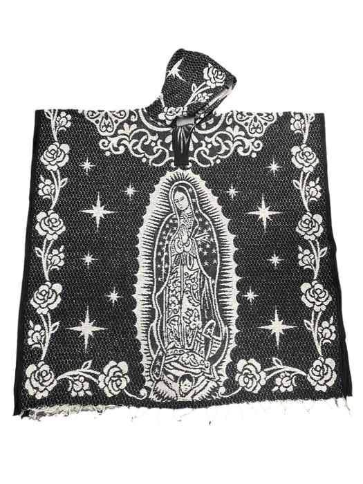 Poncho/Gaban Virgen de Guadalupe en blanco y negro con sudadera con capucha / Gorro