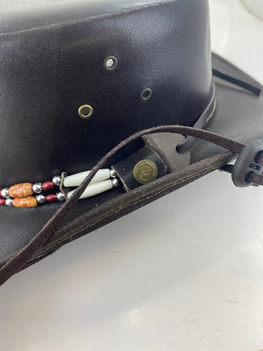 Brown Safari Aussie Indiana Jones Style Leather Hat Wood and Bone Hat Band