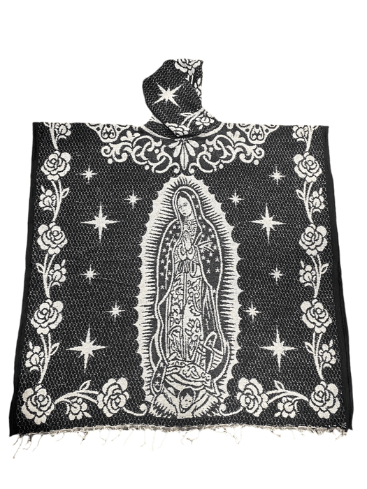 Poncho/Gaban Virgen de Guadalupe en blanco y negro con sudadera con capucha / Gorro