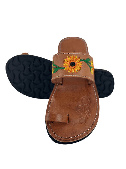 Sandalia de Piel - Nuez Tira Simple con Girasol