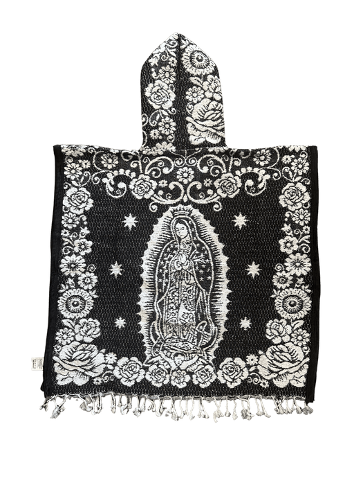 Poncho/Gaban Virgen de Guadalupe Blanco y Negro Juvenil con Sudadera con Capucha / Gorro