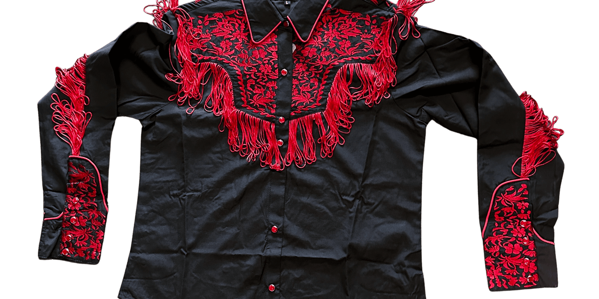 Around Town - Black and Red Fringe Western Shirt (Size XS, S, M, L, XL,  2XL, 3XL, 4XL)