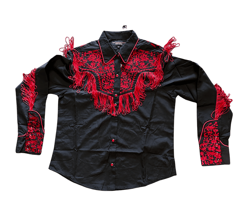 Camisa vaquera negra y roja con flecos para mujer