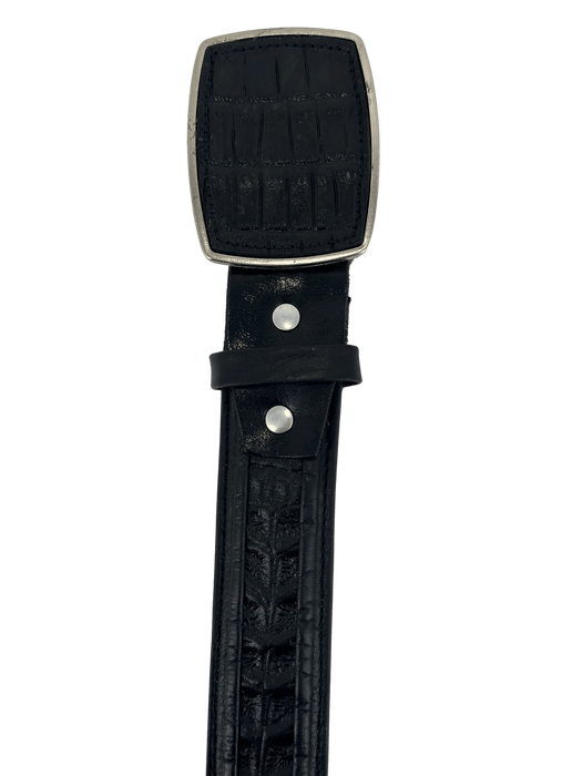 Black with 2 Thick Double Lines Crocodile / Caiman Print Ovaled Square Buckle Leather Western Belt