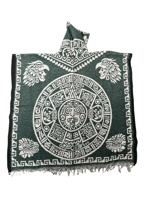 Green and White Double Aztec Calendar Poncho/Gaban with Hoodie / Gorro