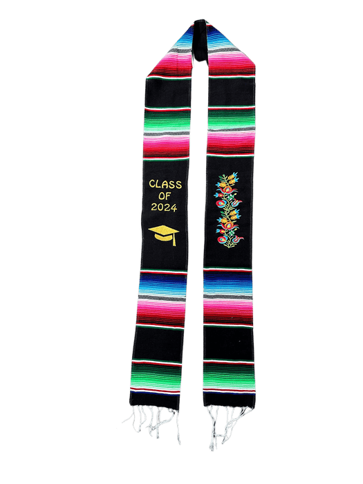Estola de graduación Sarape multicolor negra con bordado de flores "Clase de 2024"