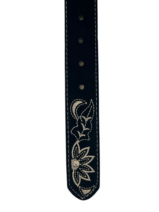 Women’s Black Nobuck with Gold Like Flowers and Rhinestones Silk Thread Leather Belt