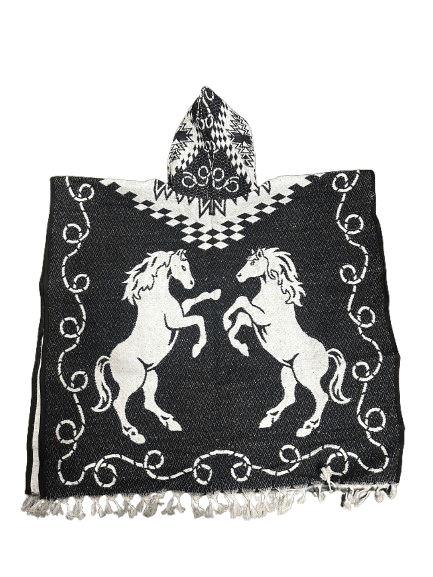 Black and White Horse Head in Horse Shoe with Standing Horses Poncho/Gaban with Hoodie / Gorro