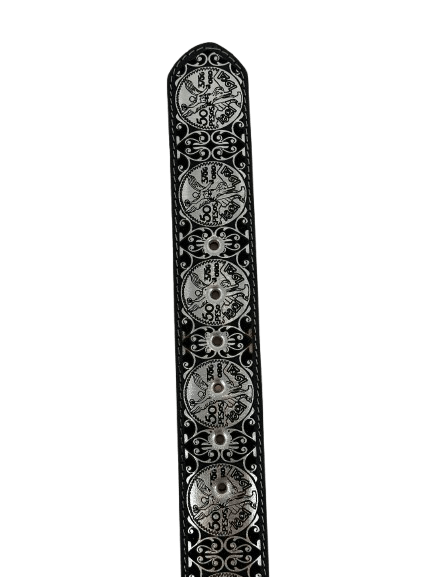 Black and Plata "El Centenario" Ovaled Square Buckle Chiseled Charro Leather Belt