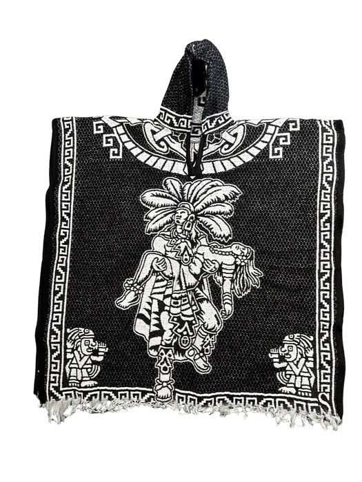 "Escudo de México" en blanco y negro con guerrero llevando poncho/gaban de mujer dormida con sudadera con capucha/gorro