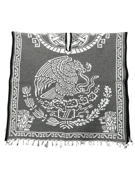 "Escudo de México" gris y blanco con guerrero llevando poncho/Gaban de mujer dormida