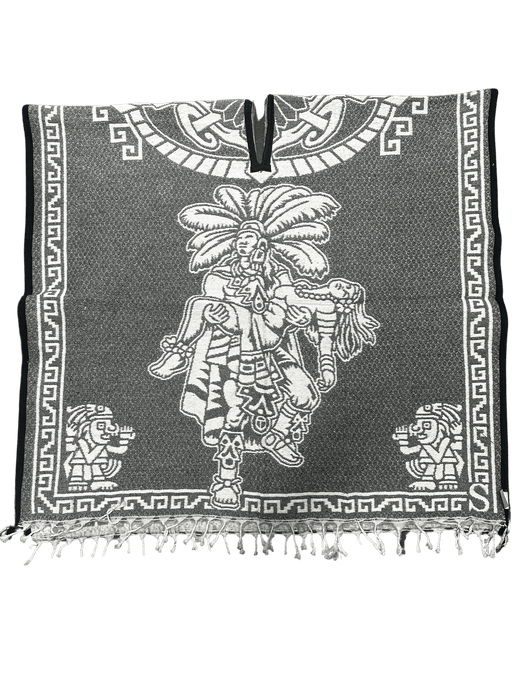 Grey and White "Escudo de Mexico" with Warrior Carrying Sleeping Woman Poncho/Gaban