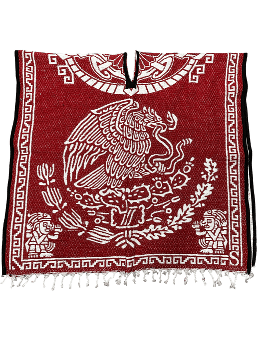 "Escudo de México" rojo y blanco con guerrero llevando poncho/Gaban de mujer dormida