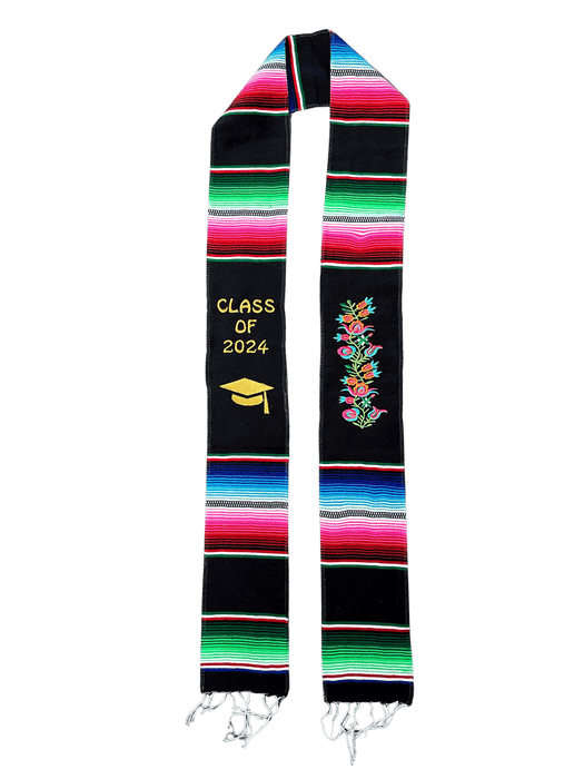 Estola de graduación Sarape multicolor negra con bordado de flores "Clase de 2024" V3