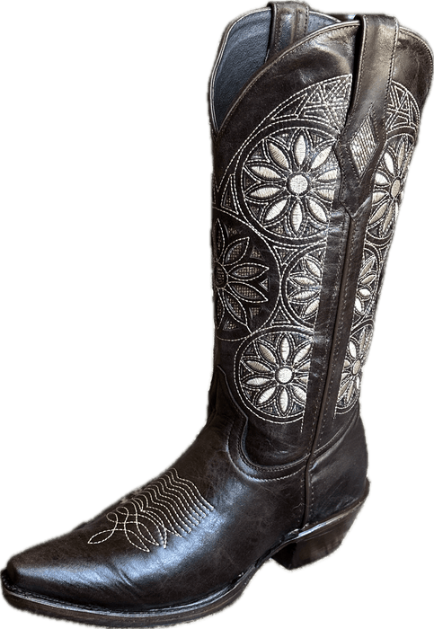 Women’s Dark Brown with Beige Shiny Flowers Snip Toe Leather Boot