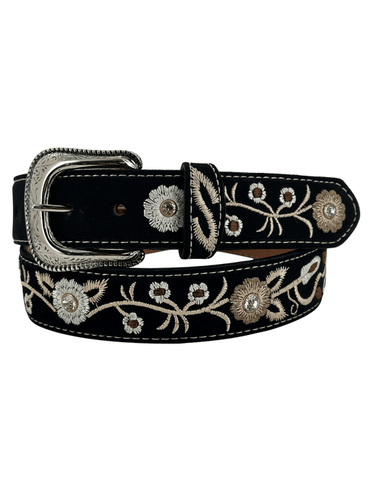 Women’s Black Nobuck with White and Brown Flowers Silk Thread Rhinestone Leather Belt