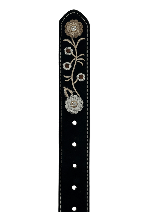 Women’s Black Nobuck with White and Brown Flowers Silk Thread Rhinestone Leather Belt