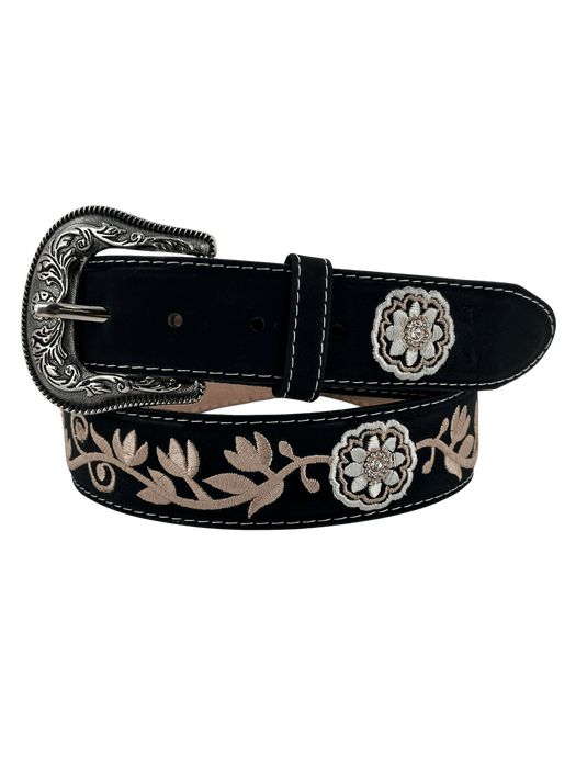 Women’s Black Nobuck with White and Brown Flowers Silk Thread Rhinestone Leather Belt V2