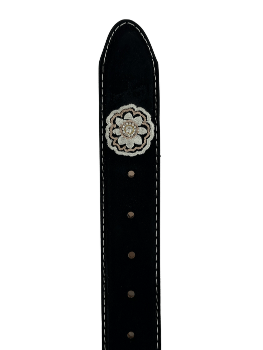 Women’s Black Nobuck with White and Brown Flowers Silk Thread Rhinestone Leather Belt V2