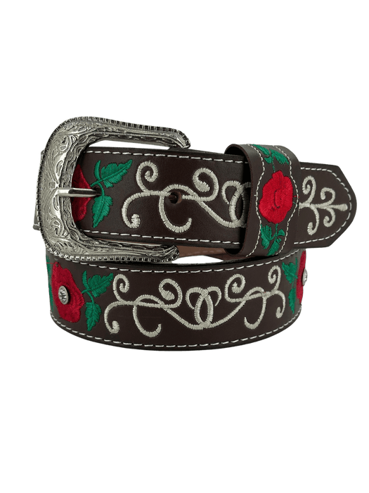 Women’s Brown with Red Rose and Green Stems Silk Thread Rhinestone Leather Belt