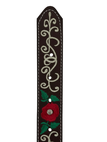 Women’s Brown with Red Rose and Green Stems Silk Thread Rhinestone Leather Belt