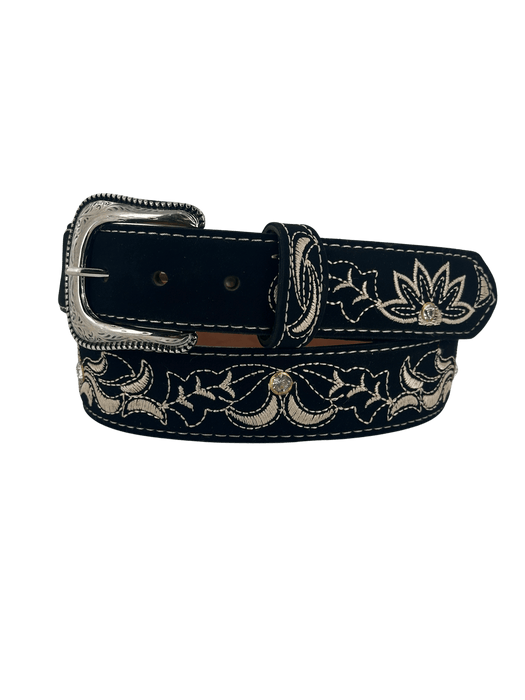 Women’s Black Nobuck with Gold Like Flowers and Rhinestones Silk Thread Leather Belt