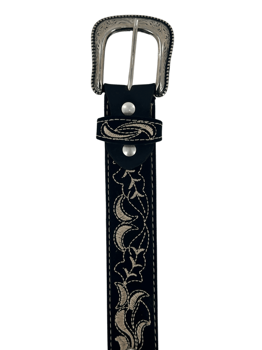 Women’s Black Nobuck with Gold Like Flowers and Rhinestones Silk Thread Leather Belt