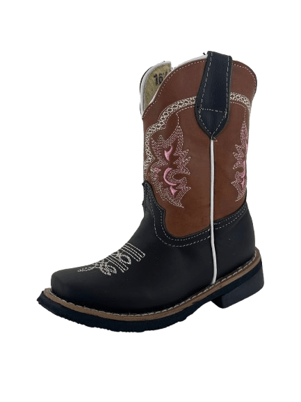 Girls' Dark Brown with Honey Tube and Pink Design Square Toe Rodeo Boot