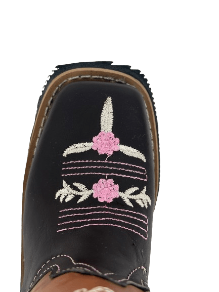 Girls' Dark Brown with Honey Tube and Pink Floral Design on Thread Square Toe Rodeo Boot