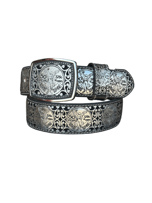 Black and Plata "El Centenario" Ovaled Square Buckle Chiseled Charro Leather Belt