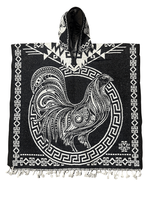 Black and White Standing Rooster with Roosters Fighting Poncho/Gaban with Hoodie / Gorro