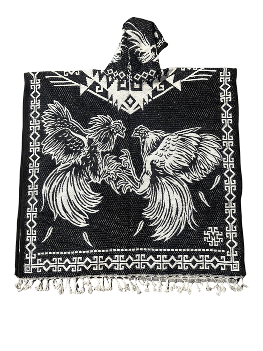 Black and White Standing Rooster with Roosters Fighting Poncho/Gaban with Hoodie / Gorro