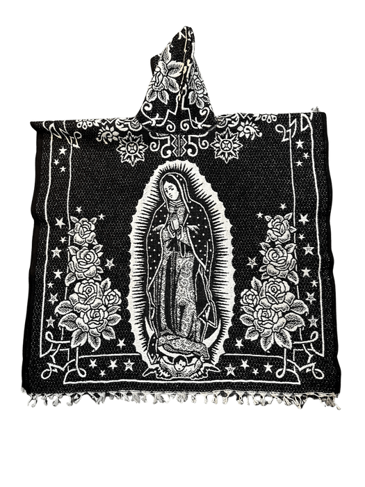 Black and White Virgen de Guadalupe Poncho/Gaban with Hoodie / Gorro