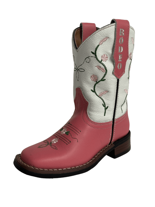 Girls' Pink with Green Stems and Pink Daisy Flowers Rubber Sole Leather Boot