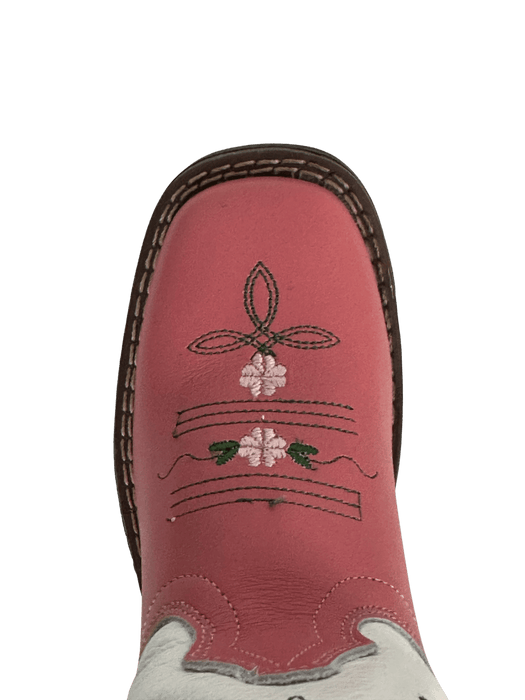 Girls' Pink with Green Stems and Pink Daisy Flowers Rubber Sole Leather Boot