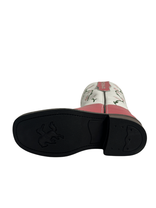 Girls' Pink with Green Stems and Pink Daisy Flowers Rubber Sole Leather Boot