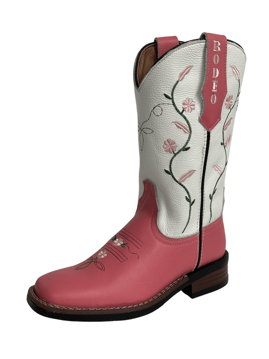 Women's Pink with Green Stems and Pink Daisy Flowers Rubber Sole Leather Boot