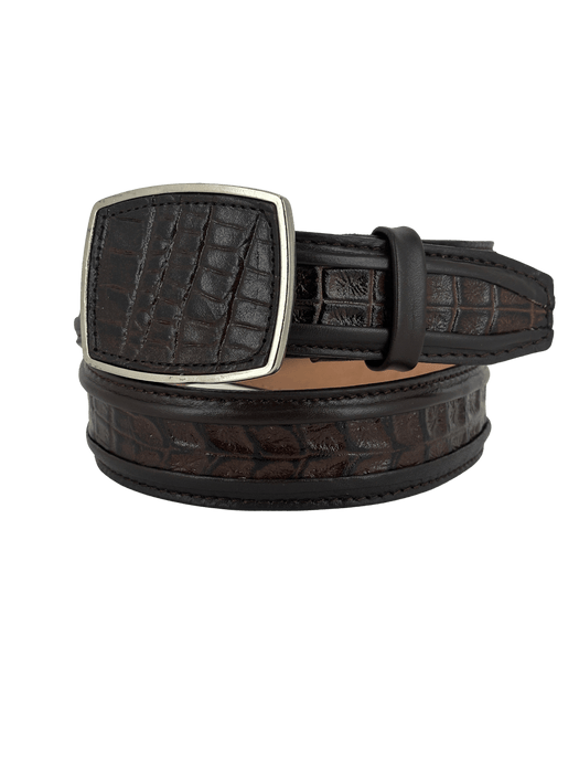 Brown with 2 Thick Double Lines Crocodile / Caiman Print Ovaled Square Buckle Leather Western Belt