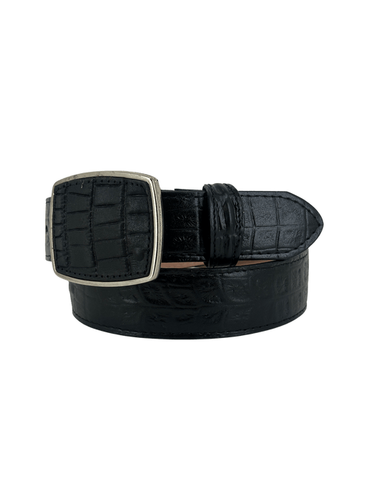 Black Full Crocodile / Caiman Print Ovaled Square Buckle Leather Western Belt