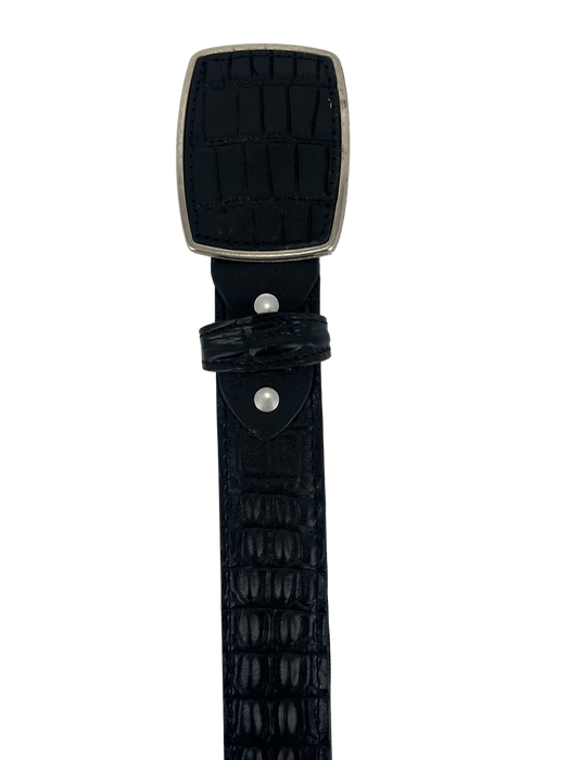 Black Full Crocodile / Caiman Print Ovaled Square Buckle Leather Western Belt