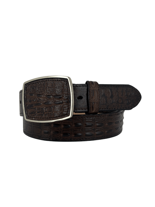 Brown Full Crocodile / Caiman Print Ovaled Square Buckle Leather Western Belt