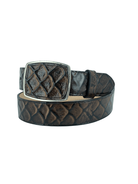 Brown Full Pirarucu Print Ovaled Square Buckle Leather Western Belt