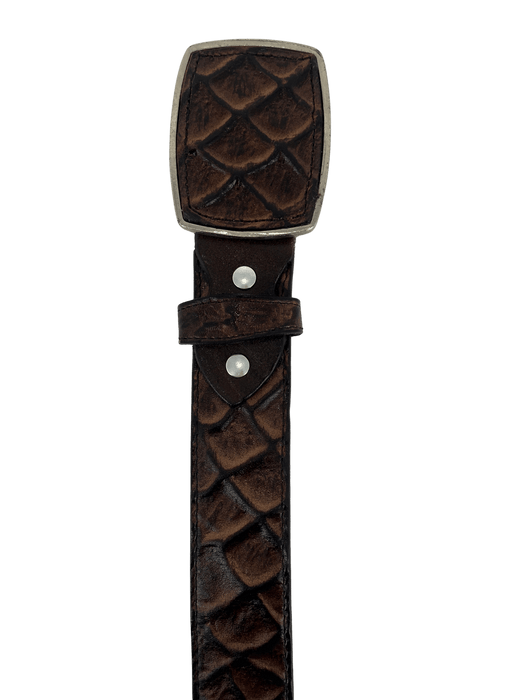 Brown Full Pirarucu Print Ovaled Square Buckle Leather Western Belt