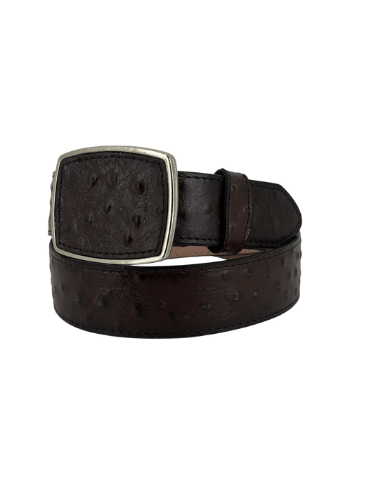 Brown Full Ostrich Print Ovaled Square Buckle Leather Western Belt