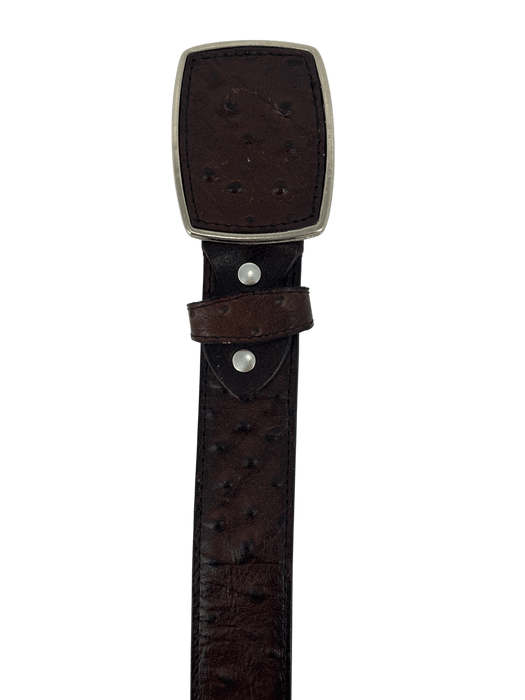 Brown Full Ostrich Print Ovaled Square Buckle Leather Western Belt