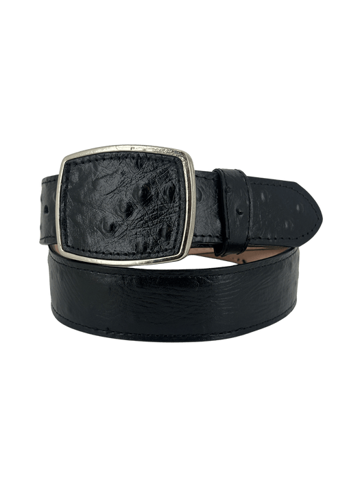 Black Full Ostrich Print Ovaled Square Buckle Leather Western Belt