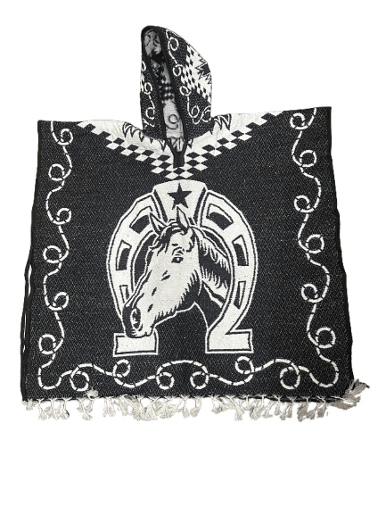 Black and White Horse Head in Horse Shoe with Standing Horses Poncho/Gaban with Hoodie / Gorro