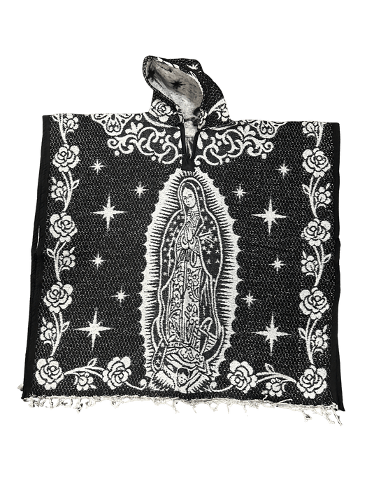 Black and White Virgen de Guadalupe Poncho/Gaban with Hoodie / Gorro