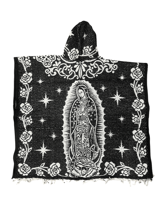 Black and White Virgen de Guadalupe Poncho/Gaban with Hoodie / Gorro