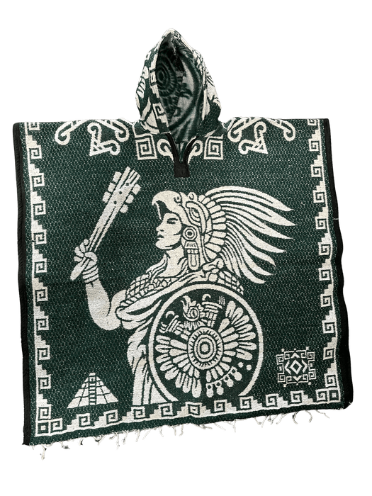 Green and White Aztec Calendar with Warrior Poncho/Gaban with Hoodie / Gorro